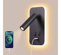 AWEKLIY Applique murale LED, liseuse de chevet avec interrupteur, port de charge USB, éclairage d'ambiance de chambre à coucher Spot réglable (3W 3000K + 9W 6000K) Noir