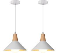 AWEKLIY Lustres Suspensions Led Rétro Suspension Luminaire Moderne Style Goutte Chapeau Plafonnier E27 Métal Bois Lampe Suspension pour Chambre Salle à Manger Cuisine Salon, Ø 25CM, Lot de 2 (Blanc)