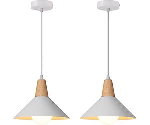 AWEKLIY Lustres Suspensions Led Rétro Suspension Luminaire Moderne Style Goutte Chapeau Plafonnier E27 Métal Bois Lampe Suspension pour Chambre Salle à Manger Cuisine Salon, Ø 25CM, Lot de 2 (Blanc)