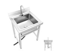 awolsrgiop Évier Inox 60x60x93 cm, Etagere Inox Cuisine Professionnel, 1 Bac, Autoportant, avec Robinet 360°, Pieds Réglables et Dosseret 13 cm, pour Restaurant, Garage, Atelier