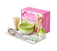 AWSEOY Kit Matcha 8 Pièces avec Bol Matcha avec Bec Verseur 570 ml, Fouet Matcha Bambou, Support, Tamis en Acier Inoxydable, Cuillères, Repose-Cuillère et Tapis, Coffret Matcha(Gradient light green)