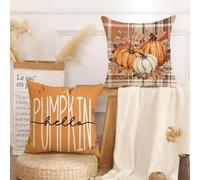 AwzyGous Housse de Coussin Automne Citrouille Orange Feuille d'érable Citrouille à Carreaux Housse de Coussin 45 x 45 cm Coussins de Canapé pour Fauteuil Chambre Halloween Thanksgiving Lot de 2