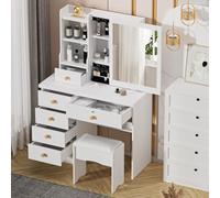 Axellynx Coiffeuse avec Miroir Coulissant, Table de Maquillage avec 6 tiroirs et 6 étagères de Rangement, Coiffeuse Moderne avec Miroir et Tabouret pour Chambre
