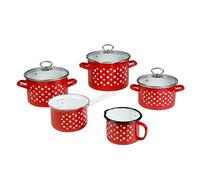 axentia 5 Pièces Ensemble de Pots de Cuisson Xanten en Acier Émailé, 3 Marmites avec Couvercles en Verre, Casserole et Pot à Lait, Rouge Tacheté de Blanc