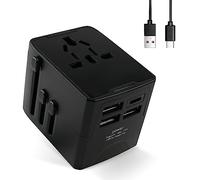 AXFEE Adaptateur Voyage Universel, Adaptateur de Prise avec 3 USB et 1 Type C, Double Fusibles Adaptateur International vers USA, EU, UK, AUS, Plus de 200 Pays (Noir)