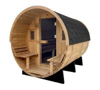 AXI Barrel Sauna d'extérieur | Traditionnel en forme de tonneau, Thermowood , 4 à 6 personnes, poêle de sauna non compris | Véranda et bancs d'extérieur, divers accessoires inclus | 236 x 185 x 194,5