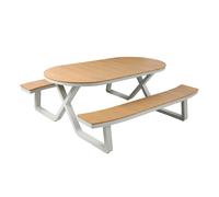 Axi Jax Table De Pique-Nique, Ovale, Aspect Teck Pour 6 Personnes, Beige Sable | Meuble De Jardin Avec Bancs Intégrés, Aluminium Et Polywood | Ensemble Pour L'Extérieur | 200 X 190 X 75 Cm