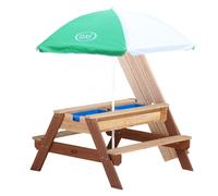 Axi Nick Table Sable Et Eau / Pique Nique Avec Parasol En Bois Marron | 95 X 97 X 48 Cm | Avec Couvercle, Boîtes De Rangement & Parasol | Extérieur Pour Le Jardin