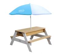 Axi Nick Table Sable Et Eau / Pique Nique Avec Parasol En Bois Marron Et Blanc | 95 X 97 X 48 Cm | Avec Couvercle, Boîtes De Rangement & Parasol | Extérieur Pour Le Jardin