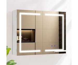 AxisFurn Meuble de salle de bain avec miroir et éclairage LED, 3 lumières réglables, avec étagère réglable et prise de courant, armoire murale à double porte anti-buée avec éclairage intérieur 80 * 60