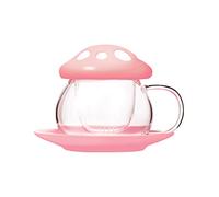 AYAROS Tasse à thé en verre aux champignons avec poignée de 283,5 g Jolie tasse à thé en forme de champignon avec filtre infuseur et soucoupe Jolie théière Kawaii pour la maison, le bureau