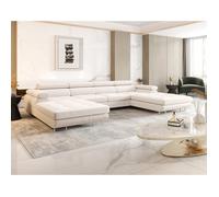 Ayden - Canapé panoramique en U 7 places convertible avec coffre et têtières réglables en tissu - Beige