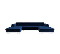 Ayden - Canapé panoramique en U 7 places convertible avec coffre et têtières réglables en tissu - Bleu