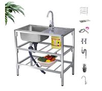 AYHARYLH Évier De Cuisine,Robinet Chaud/Froid Et Lavabo, en Acier Inoxydable sur Pied avec Établi, Evier INOX 1 Bac Egouttoir,pour Cuisines,Jardin
