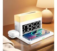 AYI Station de charge sans fil multifonctionnelle avec réveil, chargeur rapide 15 W pour téléphones, montres, écouteurs, certifié Qi, support avec 7 modes de veilleuse RVB - N65 blanc.