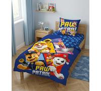 Aymax Parure de lit 3 Pièces Pat' Patrouille - Housse de Couette 140x200 cm + Taie d'oreiller 63x63 cm + Drap-Housse Assorti 90x190 cm - Design Chase, Marcus, Ruben & Stella (Bleu - Squares)