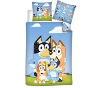 Aymax Parure de Lit Bluey Family, 1 Personne, Housse de Couette Réversible 140x200 cm + Taie d'oreiller 65x65 cm, Bleu, Polycoton, Certifiée Oeko-Tex