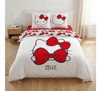 Aymax Parure de Lit Double Hello Kitty Bow, 2 Personnes, Housse de Couette Réversible 240x220 cm + 2 Taies d'oreiller 65x65 cm, Blanc, Design Nœud Rouge, Fermeture Boutons