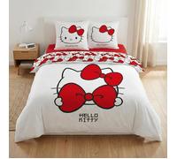 Aymax Parure de Lit Double Hello Kitty Housse de Couette Réversible 240x220 cm 2 Taies 65x65 cm Blanc avec Nœud Rouge
