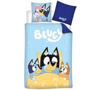 Parure de Lit Bluey 100% Coton, Housse de Couette 140x200 cm + Taie d'oreiller 65x65 cm, avec Bluey, Bingo et Bandit