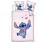 Parure de Lit Disney Stitch Rose - Housse de Couette 140x200 cm et Taie d'oreiller 65x65 cm - 100% Coton - Ensemble de Lit Enfant Fille Doux et Respirant - Motif Cœur et Rayures
