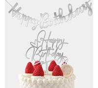 AYNKH 2PCS Happy Birthday Decoration,Cœur en Acrylique "Joyeux Anniversaire", Party Cupcake, DIY Cake Decoration, Silver Happy Birthday Bunting,Colourful Happy Birthday Bunting (with String)