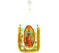 AZ FLAG - Fanion Notre Dame de Guadeloupe Rose Pour Décoration Voiture Avec Ventouse et Franges Dorées - Mini Drapeau Nuestra Señora De Guadalupe - 13x10 cm