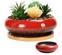 AZIDWERYQ Plavier de Bol de Lotus en céramique Bol Lotus 7x2 Pouces Rond décoratif hydroponique Peu Profond jardinière sans Drain pour Le lys à Eau, Rouge