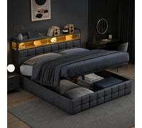 AZJSAHAH Lit rembourré 140 x 190 cm avec espace de rangement hydraulique, lit double avec lit de rangement LED, 140 x 190 cm, avec sommier à lattes, en lin, lit pour adolescent, lit à sommier