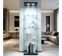AZJSAHAH Vitrine moderne en verre - Vitrine en verre - Blanc - Vitrine d'angle étroite - Vitrine en verre avec LED - Avec serrure - Armoire en verre (noir, 1 porte, 4 niveaux, LED-B)