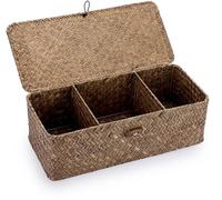 Azomor® Panier de rangement rectangulaire fait main avec couvercle et trois compartiments en jonc de mer