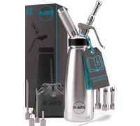 B-ARS Siphon Chantilly 1L INOX, Siphon Cuisine avec Douilles et Brosse | Douilles décoratives, brosse de nettoyage, ebook de recettes, inox, desserts et pâtisserie, pro