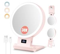 B Beauty Planet Miroir cosmétique 30X/1X avec grossissement, indicateur de batterie, support 4 en 1, batterie 2000 mAh, double face, lumière 3 couleurs, table/mur, pliable, pour la maison et les
