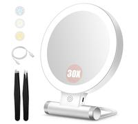 B Beauty Planet Miroir Grossissant 30X/1X, Double Face, Miroir de Table Pivotant à 360°, Miroir de Maquillage Rond avec Éclairage LED (Blanc)