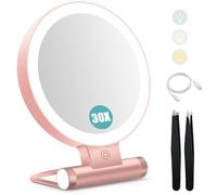 B Beauty Planet Miroir grossissant avec lumière 30x, double face, miroir de maquillage grossissant 1x/30x avec pince à épiler, 2000 mAh, 3 modes de couleur avec luminosité réglable, miroir de voyage