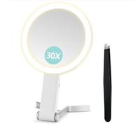 B Beauty Planet Miroir grossissant avec lumière, miroir grossissant double face 30X/1x, miroirs de maquillage de voyage avec 3 lumières de couleur, miroirs de maquillage pliables avec pince à épiler
