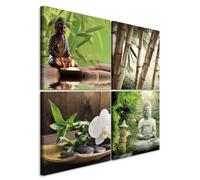 B&D XXL - Ensemble de 4 tableaux d'art décoratif 40x40 cm - Tableau acoustique panneau insonorisant impression sur toile - Orchidée nature de Bouddha et bambou dans des tons de vert p-C-10029-b-a