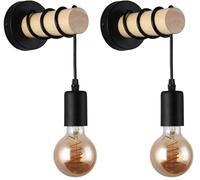 B·LED BARCELONA LED BarcelonaLED Applique Murale Ronde en Bois Naturel avec Douille E27 Noir Pendentif Câble Vintage Nordique pour Couloir Chambre Salon (Lot de 2)