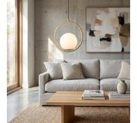 B·LED BARCELONA LED Lampe Suspendue Moderne Dorée - Plafonnier Boule en Verre Blanc Opale Ø20 cm - Culot E27 - Luminaire Élégant pour Salon, Cuisine, Salle à Manger ou Chambre - Design Minimaliste