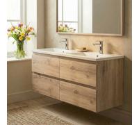 B-Way 119x50x45 cm meuble suspendu + double vasque semi-encastrée en marbre coulé 120x46x27 cm, chêne mat (BWAY2120OAKU)