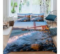 B1M7H4E9S Parure de lit Pont Golden Gate océan Chambre ado déco | Résistant aux couleurs, Fermeture invisible, Toutes saisons, Respirant, Doux, Lavable en machine Single（140x200cm）