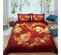 B1M7H4E9S Parure Housse de Couette 3D Roses Rouges Or Microfibre | Résistant à la décoloration, Fermeture éclair invisible, Toutes saisons, Respirant, Lavable en machine King（220x240cm）