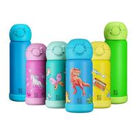 B2DO Gourde Enfant Isotherme 350ml Dinosaure Bleu | Bouteille Isotherme Antifuite et Isolée pour École | Gourde sans BPA avec Paille pour Enfants