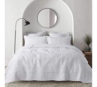 B2EVER Parure de lit 3 pièces avec Courtepointe damassée Blanche avec 2 taies d'oreiller, Couvre-lit bohème léger et Doux, Motif Jacquard rétro pour Toutes Les Saisons