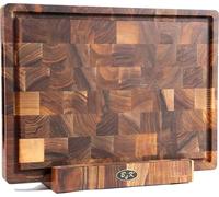 B4K Billot de Cuisine en Bois de Bout avec Support en Noyer Massif - Planche à Découper Antibactérienne Premium avec Rigole à Jus et Pieds Antidérapants (40L x 30l cm)