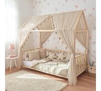 Baby Fancyroom Ciel de lit cabane Enfant Rose 360 cm - Baldaquin pour lit Maison Fille avec Guirlande à Pompons (Beige, 380cm, avec Guirlande à Pompons)