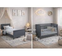Baby Happy Bliss – Lit bébé évolutif Nelly 120x60 cm, Lit à barreaux en bois massif, Convertible en lit junior, Sommier réglable sur 3 hauteurs, Gris