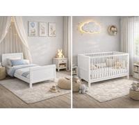 Baby Happy Bliss – Lit bébé évolutif Nelly 120x60 cm, Lit à barreaux en bois massif, Convertible en lit junior, 3 hauteurs de sommier, Blanc