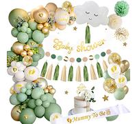Baby Shower Decoration Garcon Fille, Decoration Bapteme Vert Sauge avec Mummy to be Echarpe, Oh Baby Bannière Cake Topper Ballon Baby Shower pour Gender Reveal Party Decoration