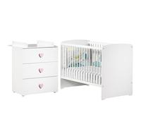 BabyPrice Duo Lit bébé 120x60 cm + Commode à Langer Boutons Coeur Rose Basic | Fabriqué en France by Sauthon